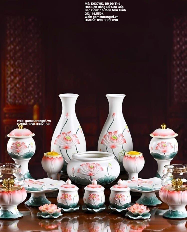 BỘ ĐỒ THỜ HOA SEN BẰNG SỨ CAO CẤP